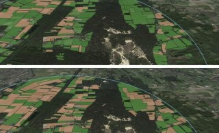 Figuur 2 a, b. Impressie a: huidig agrarisch landgebruik en b: toekomstig landgebruik, bij grootschalige omzetting van grasland in bouwland (met verlies aan ecosysteemdiensten)
