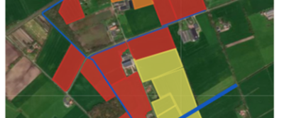 Figuur 2: Het risico op droogteproblemen op Koeien & Kansen-bedrijf Stevens volgens de BedrijfsWaterWijzer. Betekenis van de kleuren rood, oranje, geel, groen: veel, vrij veel, matig, weinig risico.