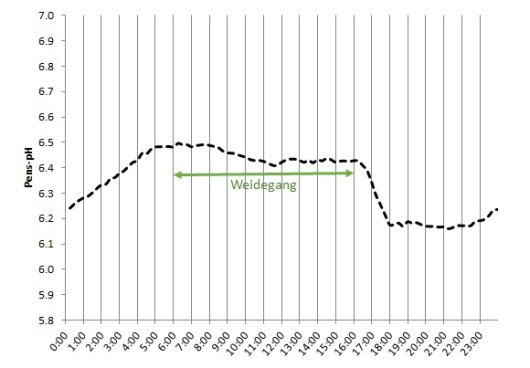 Figuur 1 Verloop gemiddelde pens-pH gemeten met een pensbolus bij 8 koeien. Weidegang tussen 6:00 en 16:00 uur. Figuur 1 Verloop gemiddelde pens-pH gemeten met een pensbolus bij 8 koeien. Weidegang tussen 6:00 en 16:00 uur.