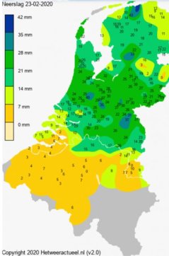 Overzicht neerslag 23 februari 2020 (Bron: KNMI)