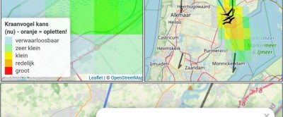 Enkele screenshots van de vernieuwde radar. De blauwe verrekijker geeft aan waar de kraanvogels voor het laatst zijn gezien (via <a href=