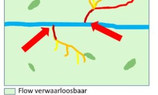 Figuur 1: uitsnede van een afspoelkaart uit de BWW van een Koeien & Kansen bedrijf. De flow uit de legenda is een maat die aangeeft hoeveel oppervlak afwatert op het betreffende punt; naarmate de kleur donkerder wordt is dat oppervlak groter. Als zo’n donkere plek vlak naast de sloot ligt, zoals in de rode cirkels, is het risico op afspoeling dus groot. 